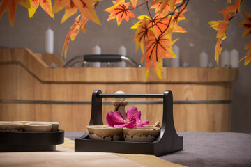 Natural treatments herbs treatment and candles in spa salon.