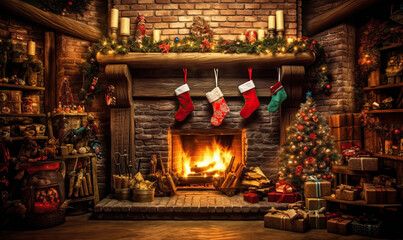 Christmas decorated room in a country house. Created using generative AI tools