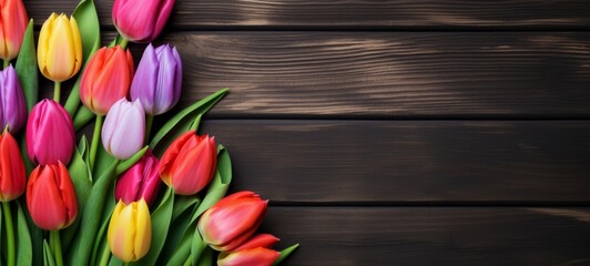 Blooming flowes spring background banner - Colorful tulips, on dark wooden table, top view (Generative Ai)
