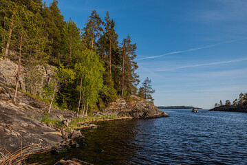 Russia. Karelia. Karelian skerries. lake Ladoga. Channel of lake Ladoga with stony banks. Northern nature. Travel to Karelia.