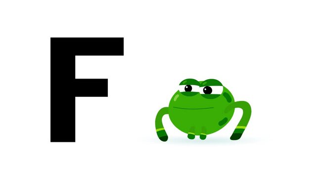 F letter big black like frog cartoon animation. Animal jump loop. Educational serie with bold style character for children. Good for education movies, presentation, learning alphabet, etc...