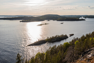 Russia. Karelia. Karelian skerries. lake Ladoga. Channel of lake Ladoga with stony banks. Northern nature. Travel to Karelia.