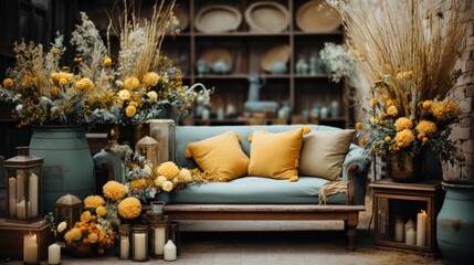 Fototapeta na wymiar living room interior with sofa and flowers. Wedding celebration with boho, rustic style wedding decorations. Generative ai