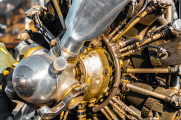 Close up of old vintage airplane engine, detail of airplane engine