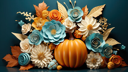 3d paper cut of pumpkin with autumn flowers  - Powered by Adobe
