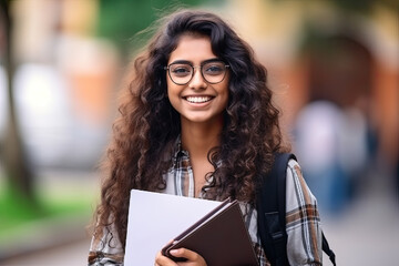 Cheerful female international Indian student with backpack, curly hair carrying school equipment