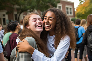 Students reunite at college for a new semester and are hugging each other out of joy