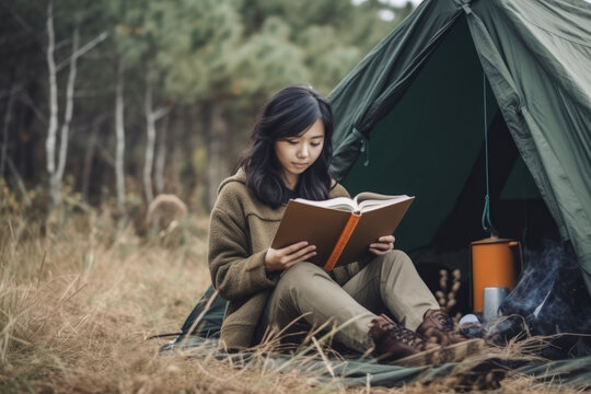 A girl reading a book in front of the tent
