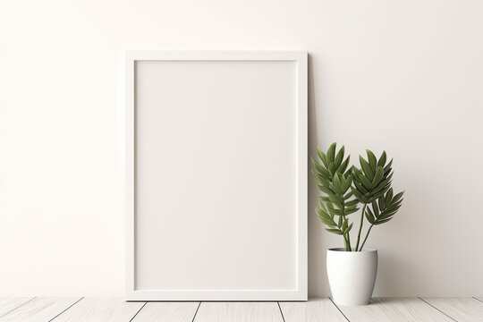 Empty white vertical picture frame on a blank wall, mock-up