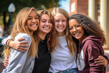 Multiethnic students reunite at college for a new semester, smile hugging each other out of joy - obrazy, fototapety, plakaty