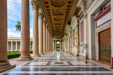 Basilica of Saint Paul outside Walls colonnade, Rome, Italy - obrazy, fototapety, plakaty