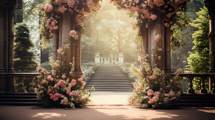 Fototapeta na wymiar Place for vintage wedding ceremony arch a long aisle, beautiful floral arrangement
