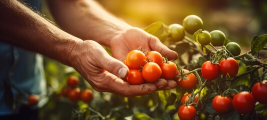 Agriculture tomato vegetables harvest background - Close up of hands of farmer carrying ripe tomatoes (Generative Ai)