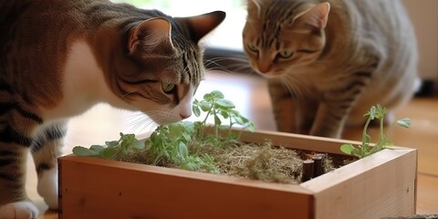 AI Generated. AI Generative. Cats with catnip on photo eat healthy plant together. Love pet romantic pets. Graphic Art - obrazy, fototapety, plakaty