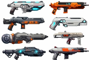 Naklejka premium Collection of Future Weapons Isolated on White Background. Generative ai