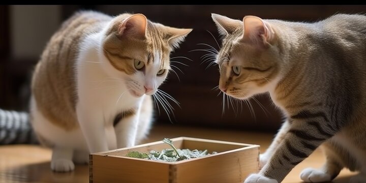 AI Generated. AI Generative. Cats with catnip on photo eat healthy plant together. Love pet romantic pets. Graphic Art