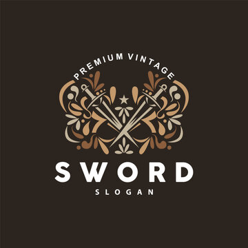 Sword Logo, Fighter War Weapon Vector, Premium Retro Vintage Typography Design