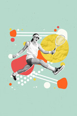 Poster magazine artwork pinup pop collage of happy funky guy celebrate victory tenis championship isolated on blue drawing background - obrazy, fototapety, plakaty