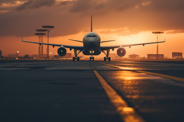 Fototapeta na wymiar Private jet liner on runway at sunset, airplane front view