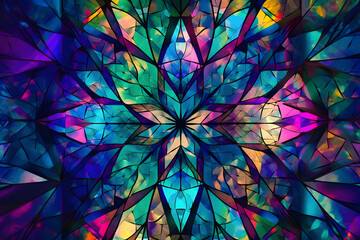 Abstract background with interlocking geometric shapes in vibrant hues of blue, green, and purple, forming a mesmerizing kaleidoscope pattern that radiates energy and movement. Generative AI