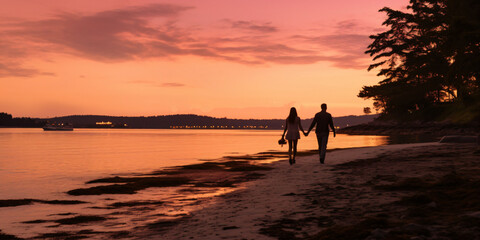 couple in love is walking along the beach in the sunset, generative ai