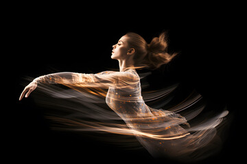 Fototapeta premium Artistic motion blur image of a ballet dancer in mid-air, capturing the grace and fluidity of her movements. Generative AI