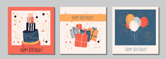 Set of  birthday greeting cards design with cake, balloons and typography design. Abstract universal grunge artistic templates. For poster, business card, invitation, flyer, banner, email header