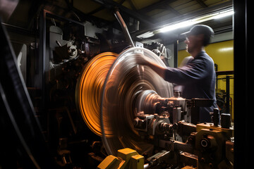 Artistic motion blur photograph of a factory worker operating heavy machinery, capturing the movement and energy in the manufacturing process. Generative AI