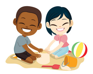Vector illustration of two cute little children playing in sandbox cartoon style. Kids having fun at the park