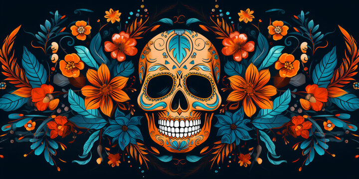 skull in mexican style as a pattern, generative ai