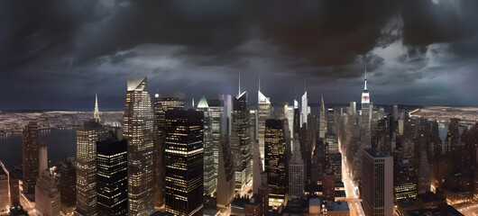 Beautiful city panroama, dramatic lighting, aerial view. Generative AI