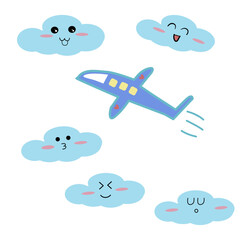Fototapeta premium Flying airplane on the sky with clouds, Hand drawn doodle, Vector illustration
