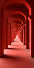 long corridor with ancient columns in greek style and brown-reddish earth tones,fictional architecture made with generative ai