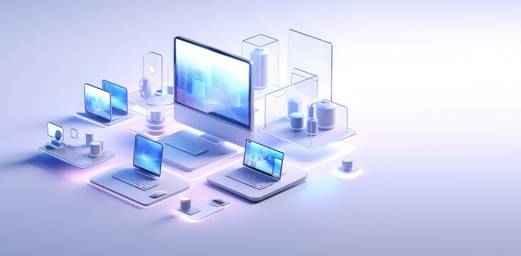 Isometric icon of computers, laptops, liaisons and technology equipment. Copy space, creative banner for computer service, tech repair, cloud storage. White blue colors. Generative AI illustration.