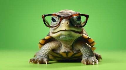 Obraz premium Cute little green turtle with glasses in studio, Generative AI