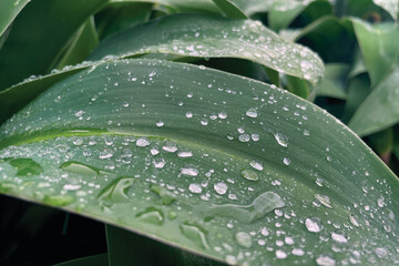 Close up image of rain water on a large leaf