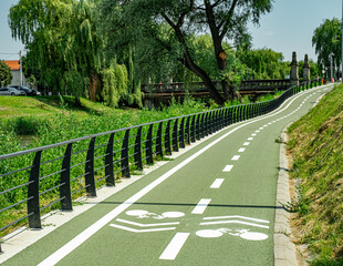 Fototapeta na wymiar New cyclist paths built in the modern city for ecological bicycle transport, Sibiu, Romania