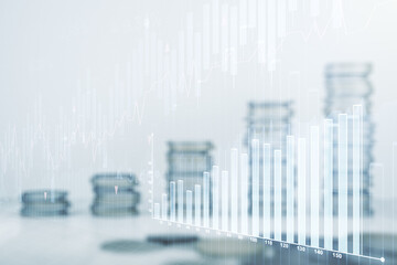 Multi exposure of virtual abstract financial diagram on growing coins stacks background, banking and accounting concept