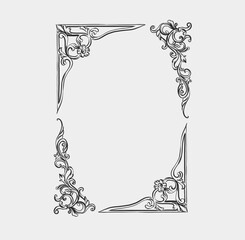 Hand drawn vector abstract outline,graphic,line art vintage baroque ornament floral frame in minimalistic modern style.Baroque floral vintage outline design concept.Vector antique frame isolated. - obrazy, fototapety, plakaty