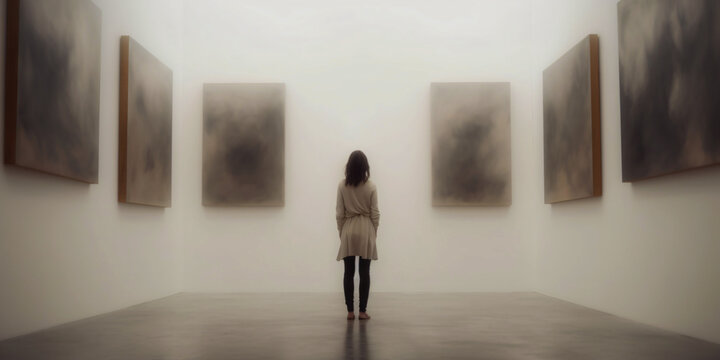 woman stands in museum and looks at pictures, generative ai