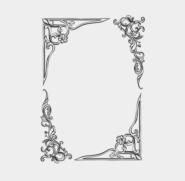 Naklejki Hand drawn vector abstract outline,graphic,line art vintage baroque ornament floral frame in minimalistic modern style.Baroque floral vintage outline design concept.Vector antique frame isolated.