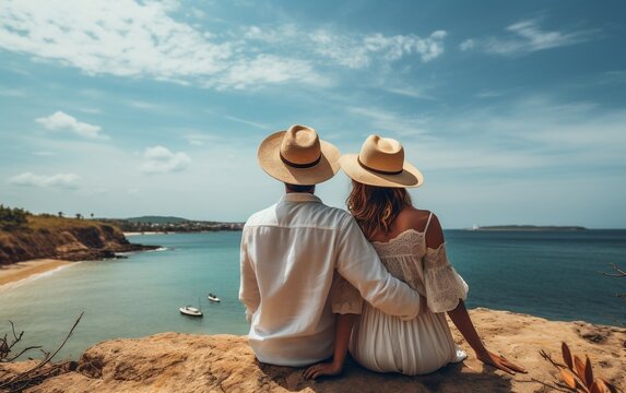 A couple sitting on a cliff admiring the ocean view. AI