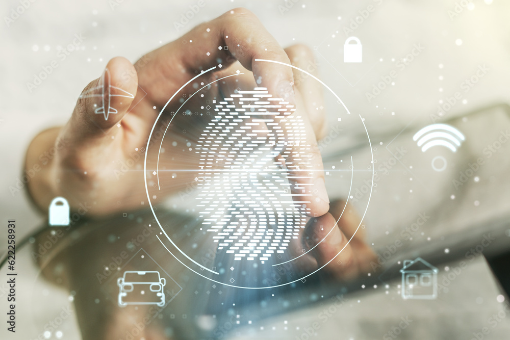 Poster multi exposure of abstract fingerprint scan interface and hand working with a digital tablet on back