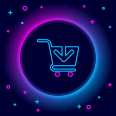 Glowing neon line Add to Shopping cart icon isolated on black background. Online buying concept. Delivery service sign. Supermarket basket symbol. Colorful outline concept. Vector