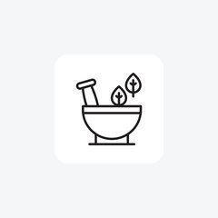 Mortar and Pestle, Grinding, Medicine Herbs Vector Line Icon
