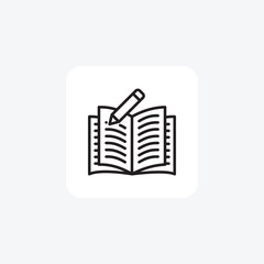 Opened Book, Pencil, Writing Vector Line Icon
