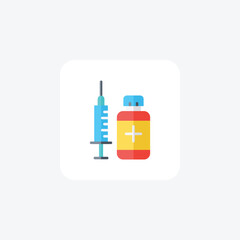 Injection, Vial, Medication, Syringe Vector Flat Icon