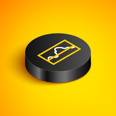 Isometric line Music wave equalizer icon isolated on yellow background. Sound wave. Audio digital equalizer technology, console panel, pulse musical. Black circle button. Vector