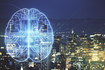 Virtual creative artificial Intelligence hologram with human brain sketch on San Francisco cityscape background. Double exposure