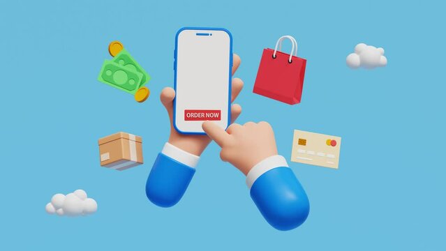 3D Hand holding mobile with blank screen, Smart phone with shopping app. Online shopping concept. Online store or e-commerce store. 4k 3d loop animation